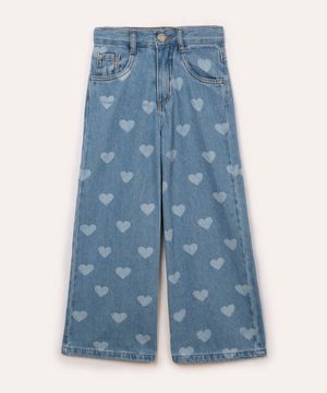 calça jeans wide leg infantil corações - jeans escuro