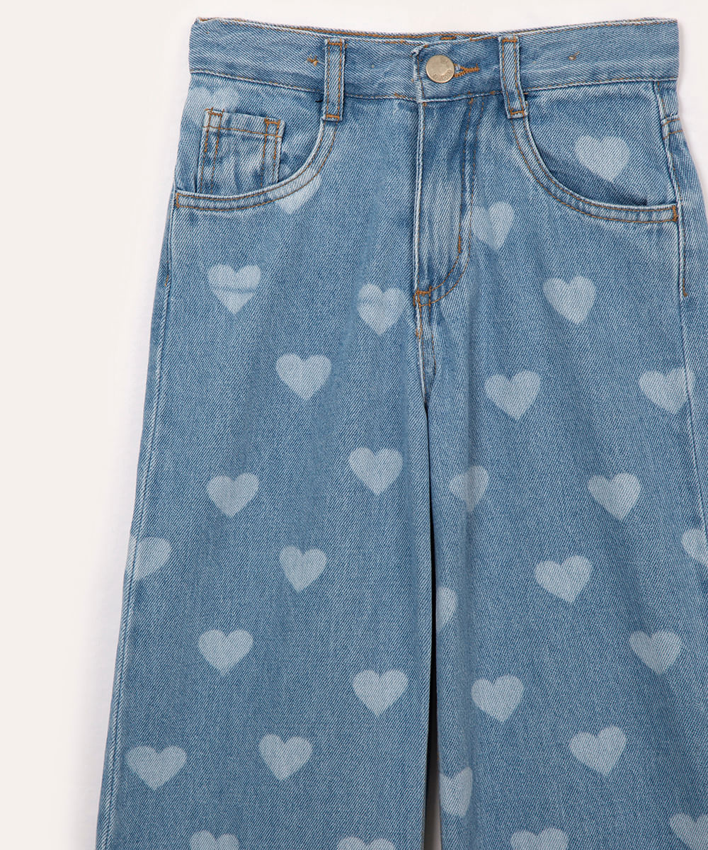 calça jeans wide leg infantil corações azul