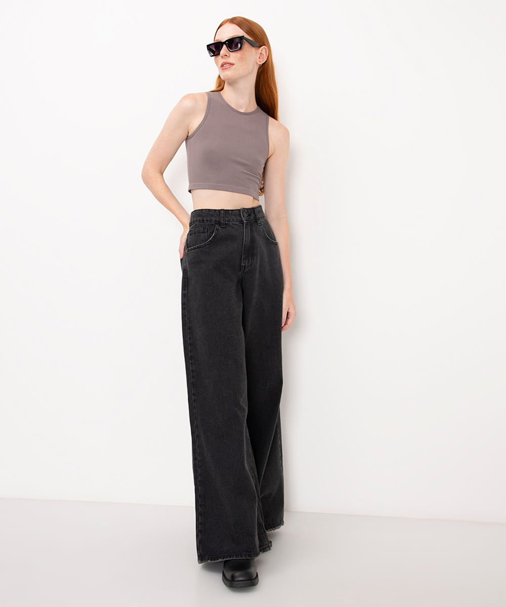 cropped halterneck de poliamida cinza