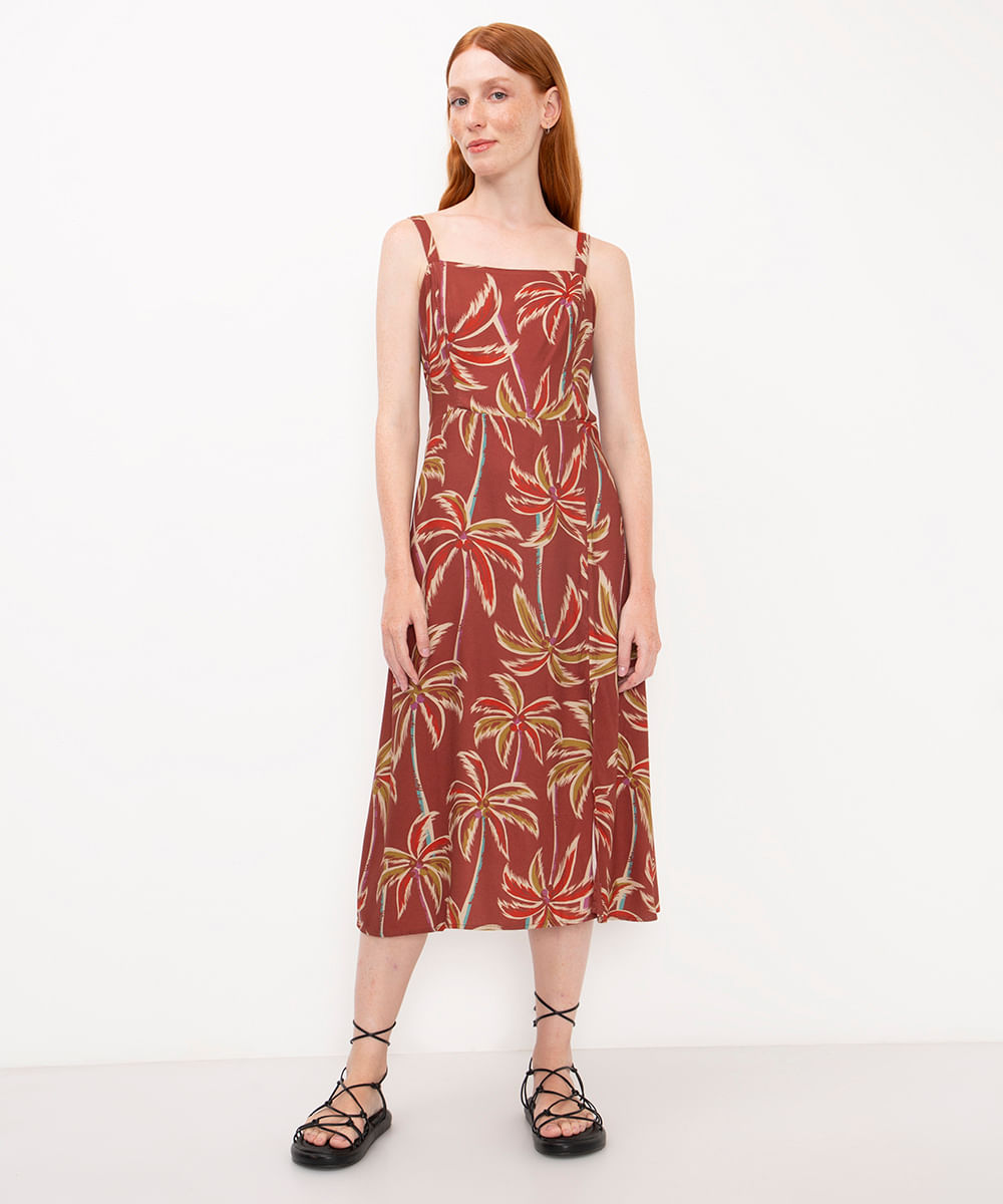 vestido midi de viscose estampado laranja