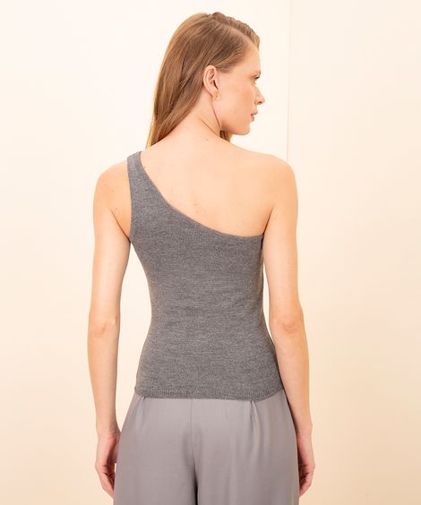 blusa de tricot ombro único com flor mindset cinza