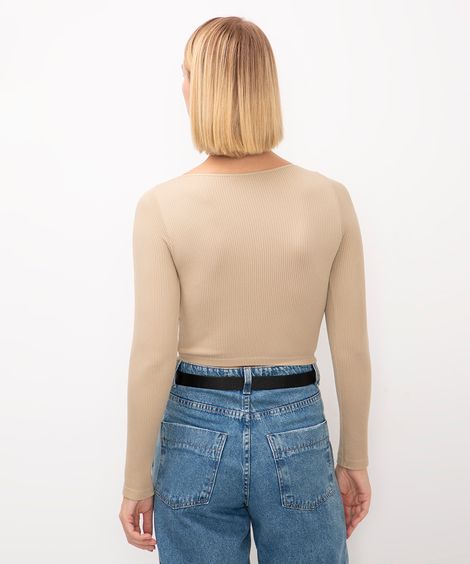 blusa de poliamida canelada cropped manga longa bege
