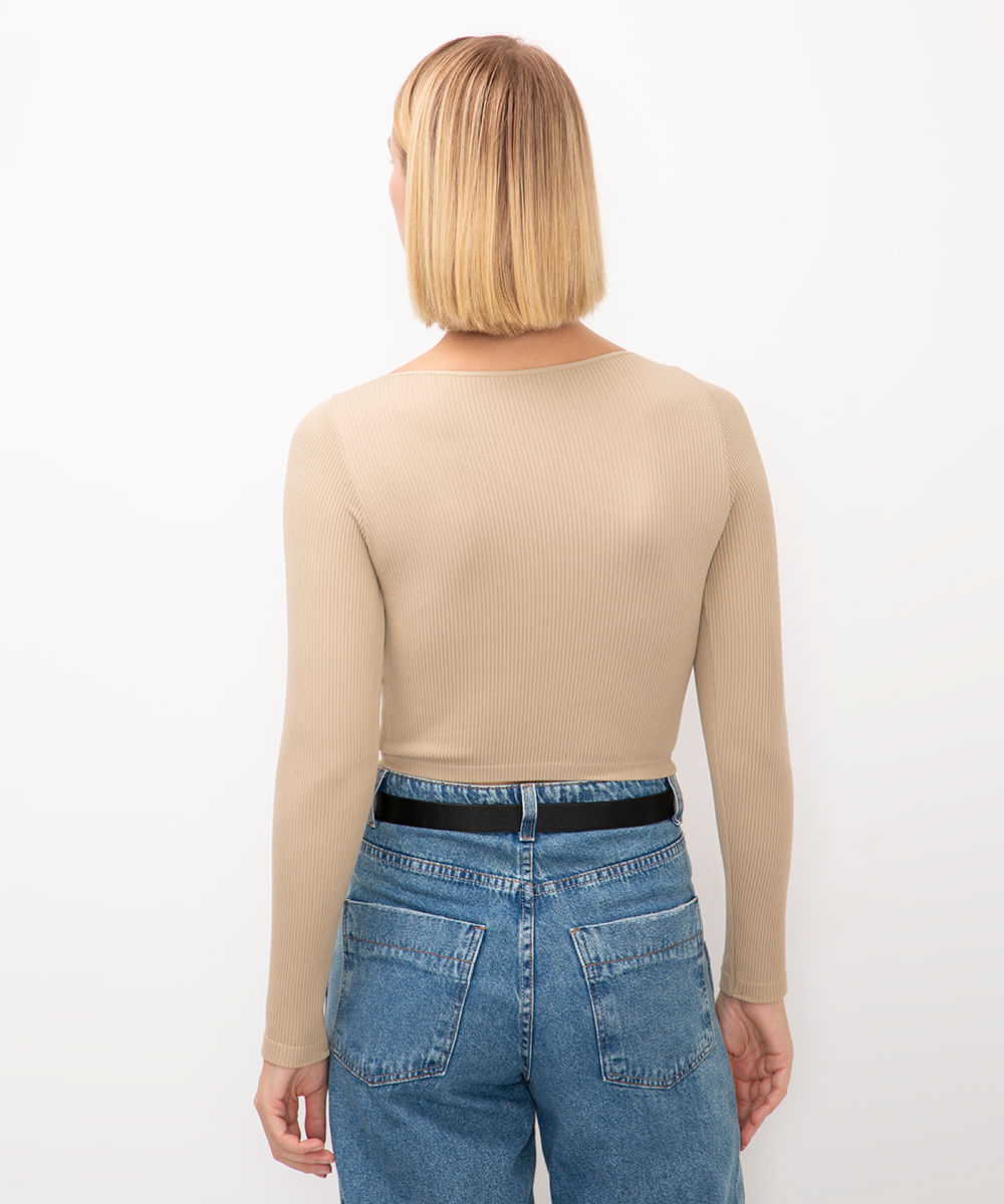 blusa de poliamida canelada cropped manga longa bege