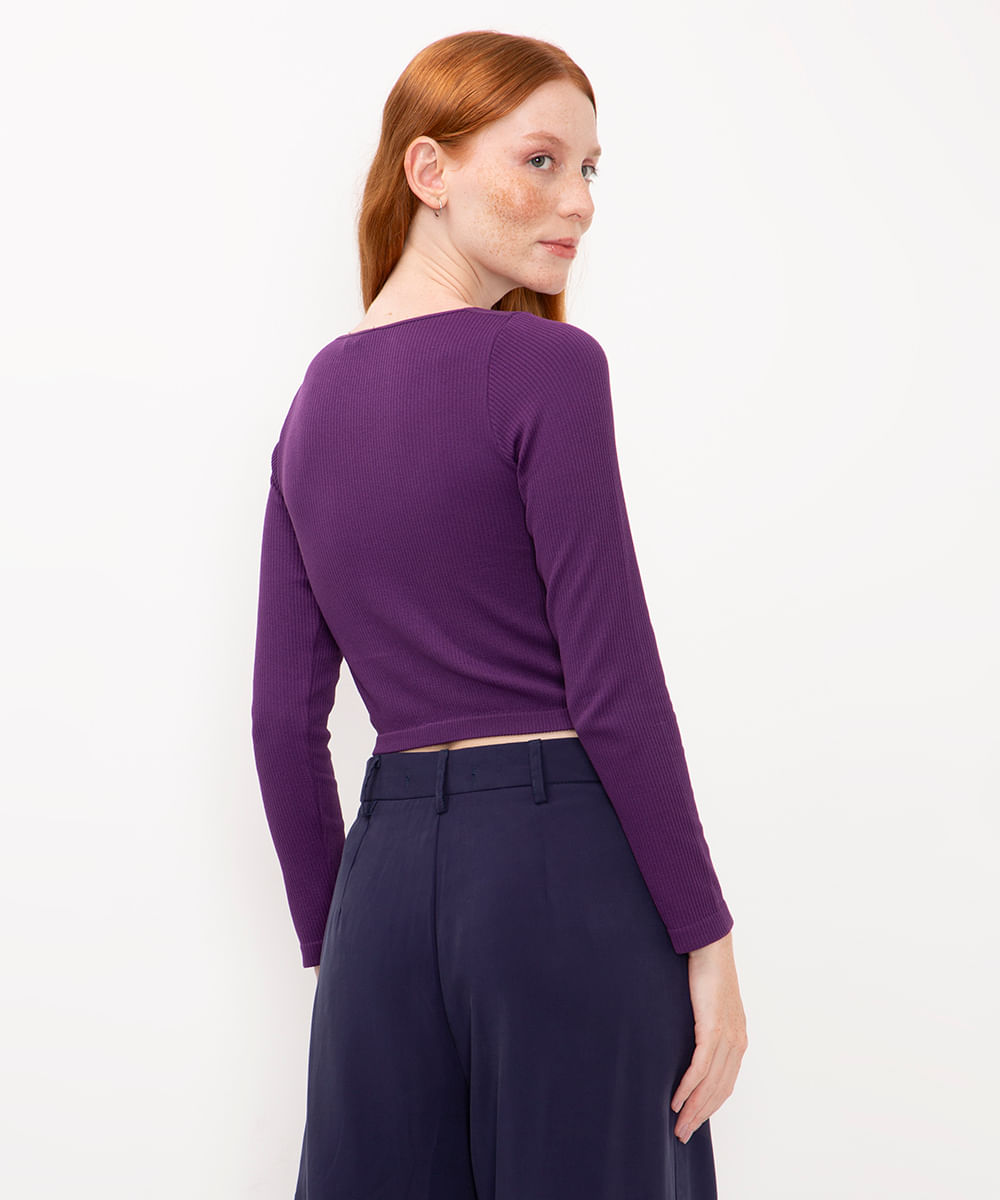 blusa de poliamida canelada cropped manga longa roxo