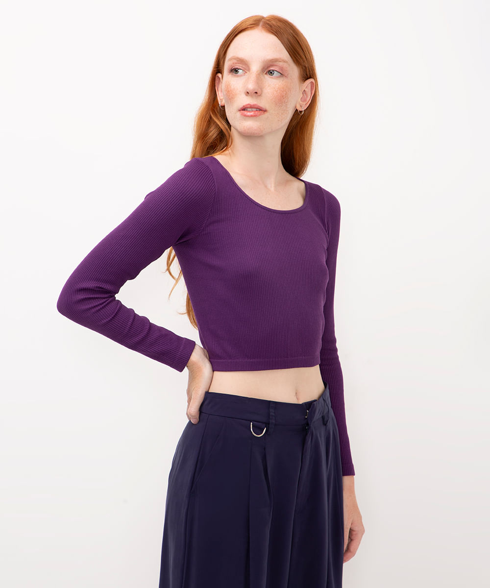 blusa de poliamida canelada cropped manga longa roxo