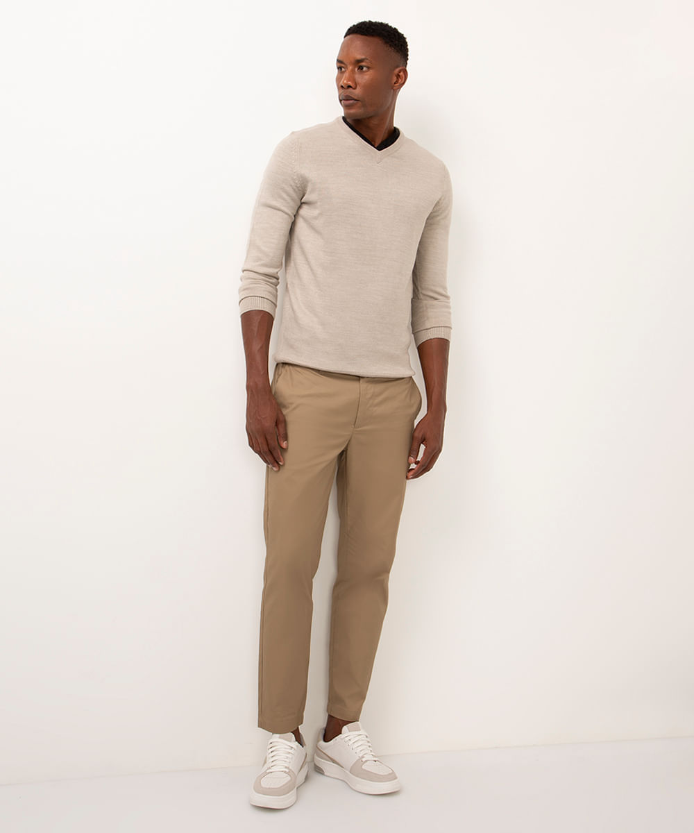 suéter de tricot gola v kaki