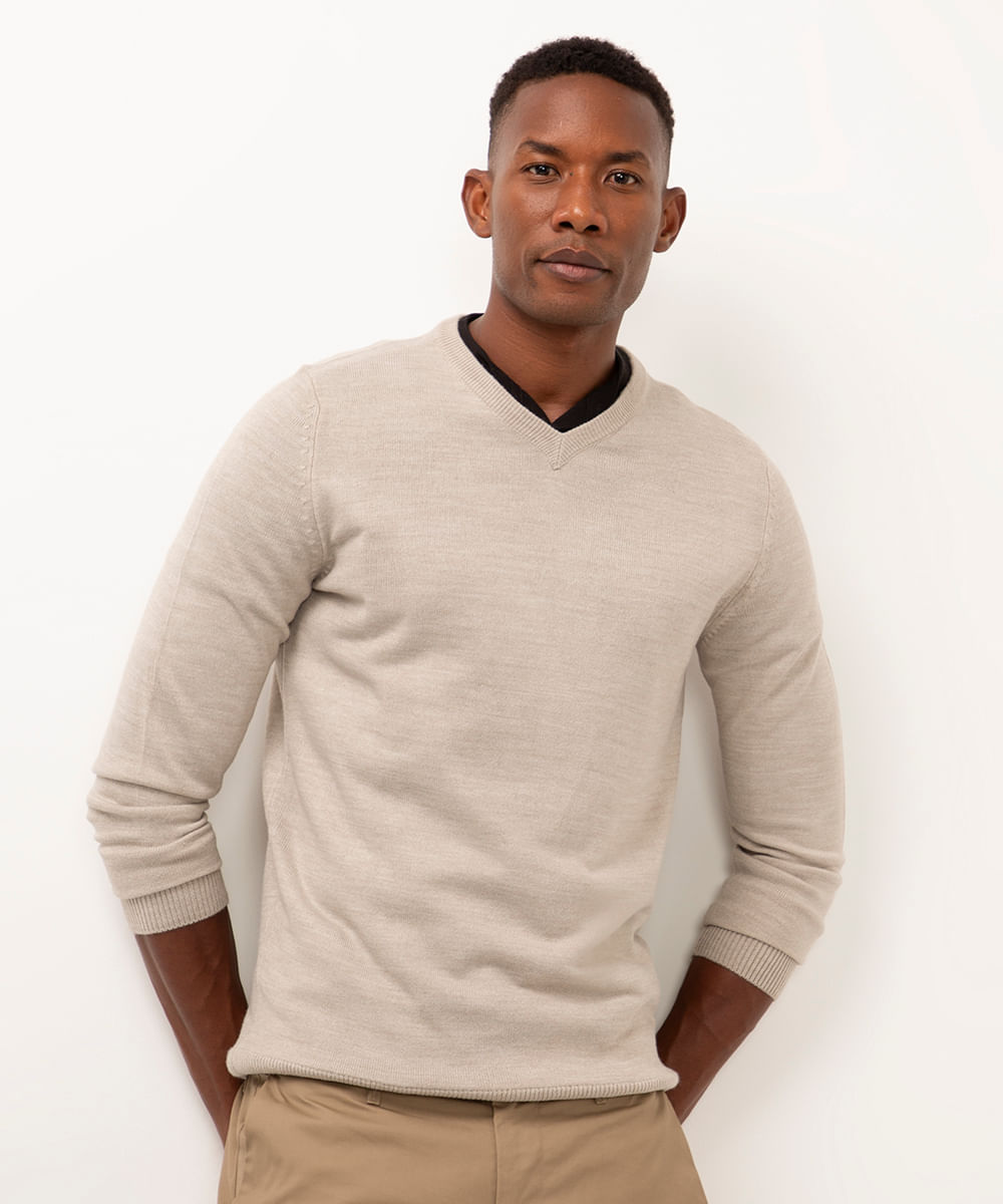 suéter de tricot gola v kaki