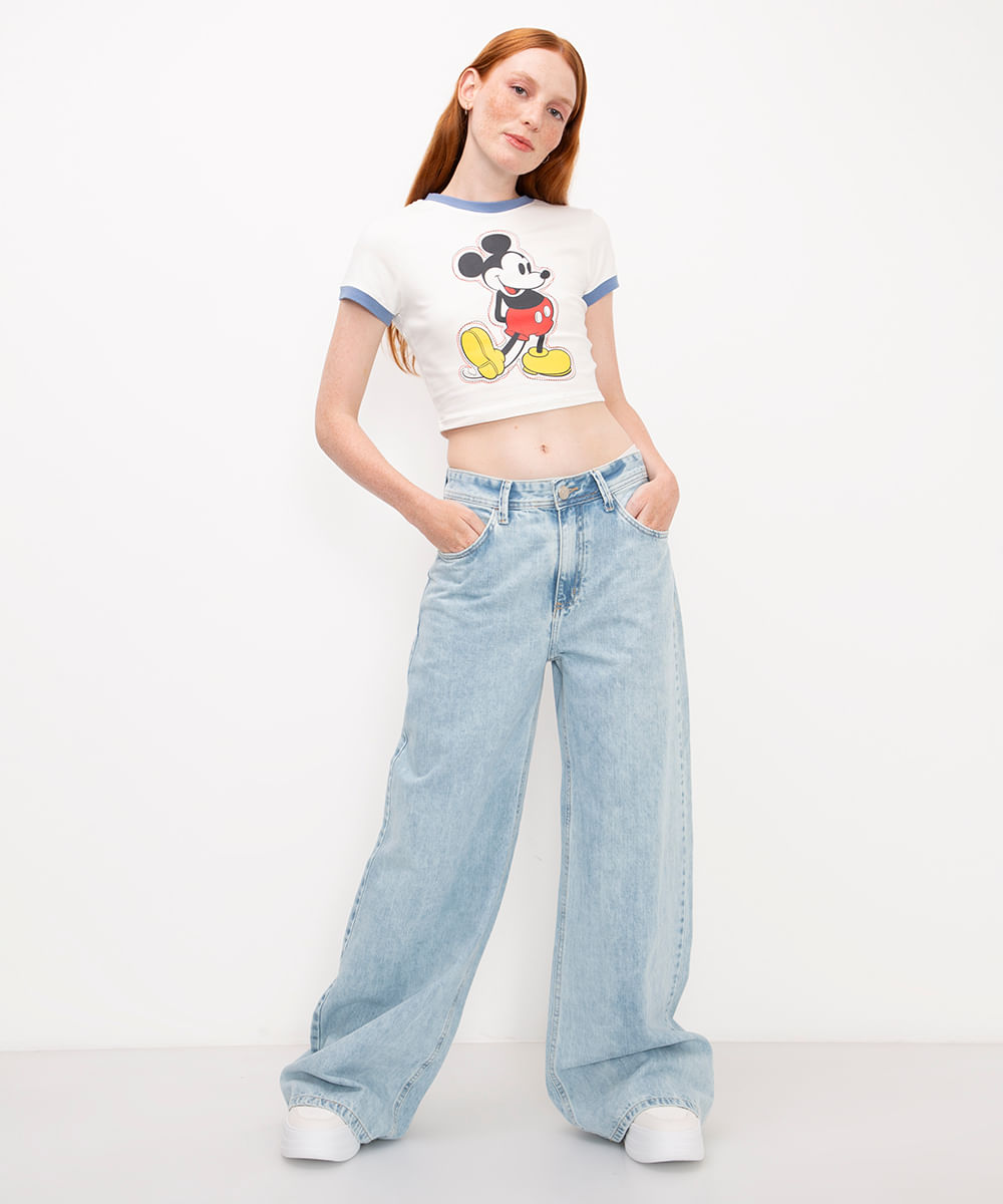 blusa baby look de algodão mickey mouse off white