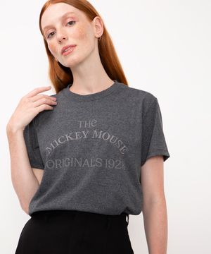 camiseta de algodão manga curta bordado mickey mouse cinza