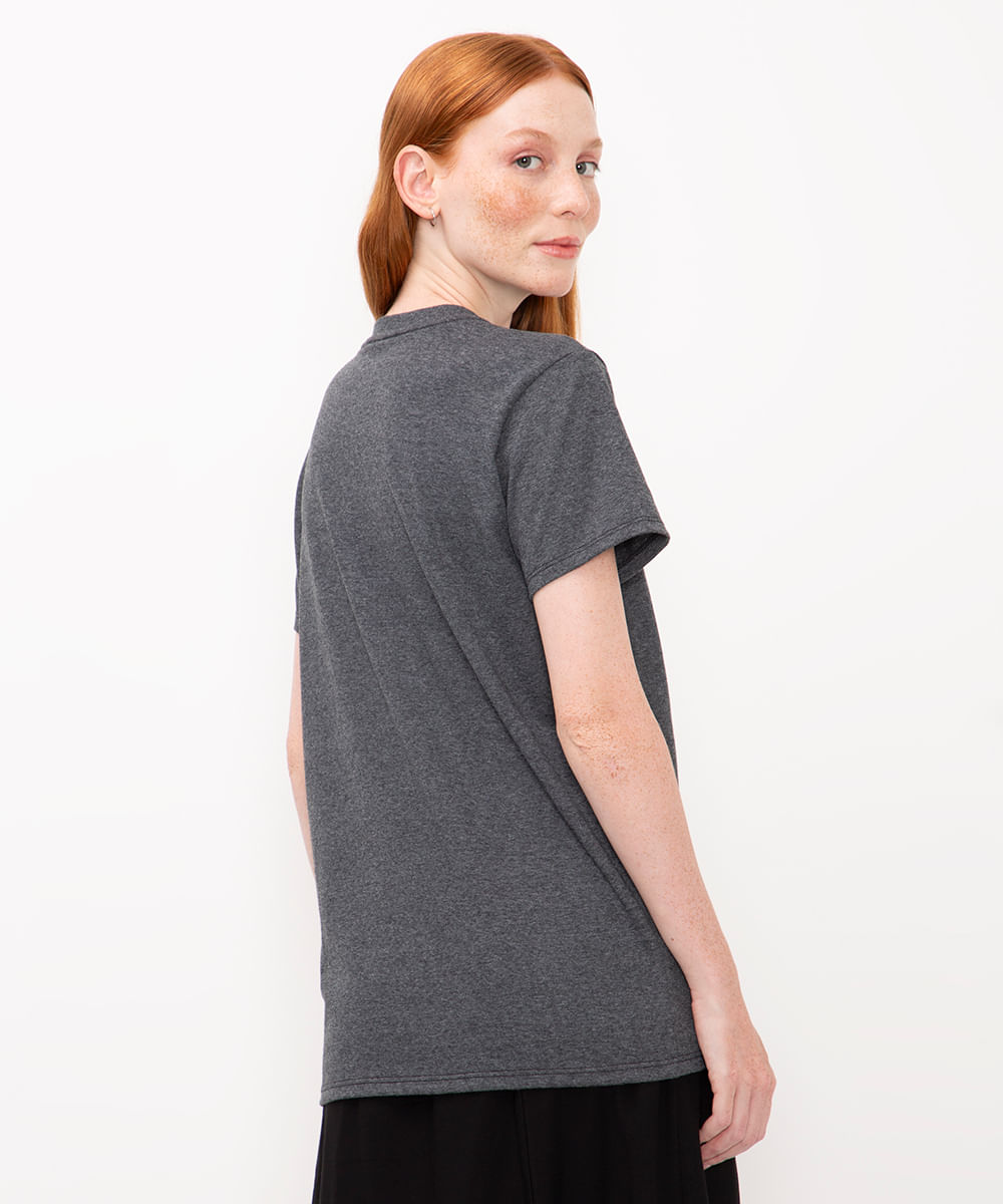 camiseta de algodão manga curta bordado mickey mouse cinza