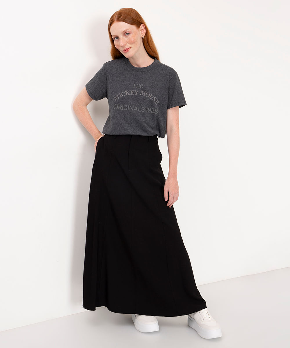 camiseta de algodão manga curta bordado mickey mouse cinza