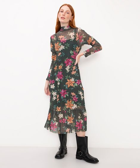 vestido midi de tule manga longa floral verde