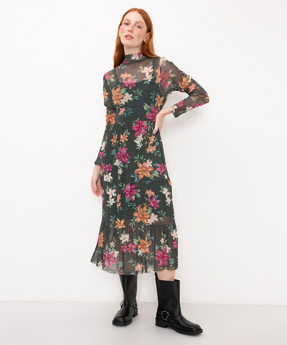 vestido midi de tule manga longa floral verde