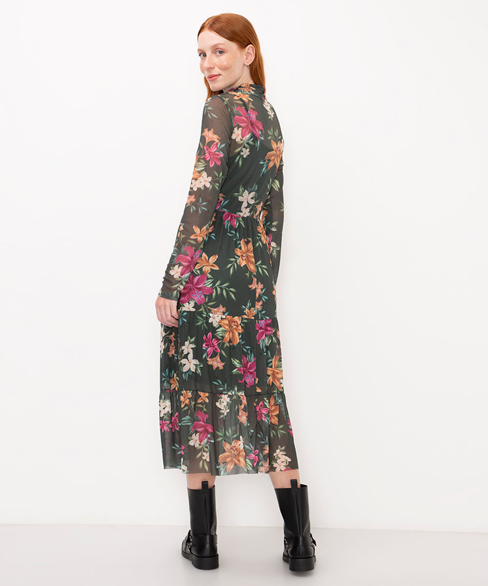 vestido midi de tule manga longa floral verde