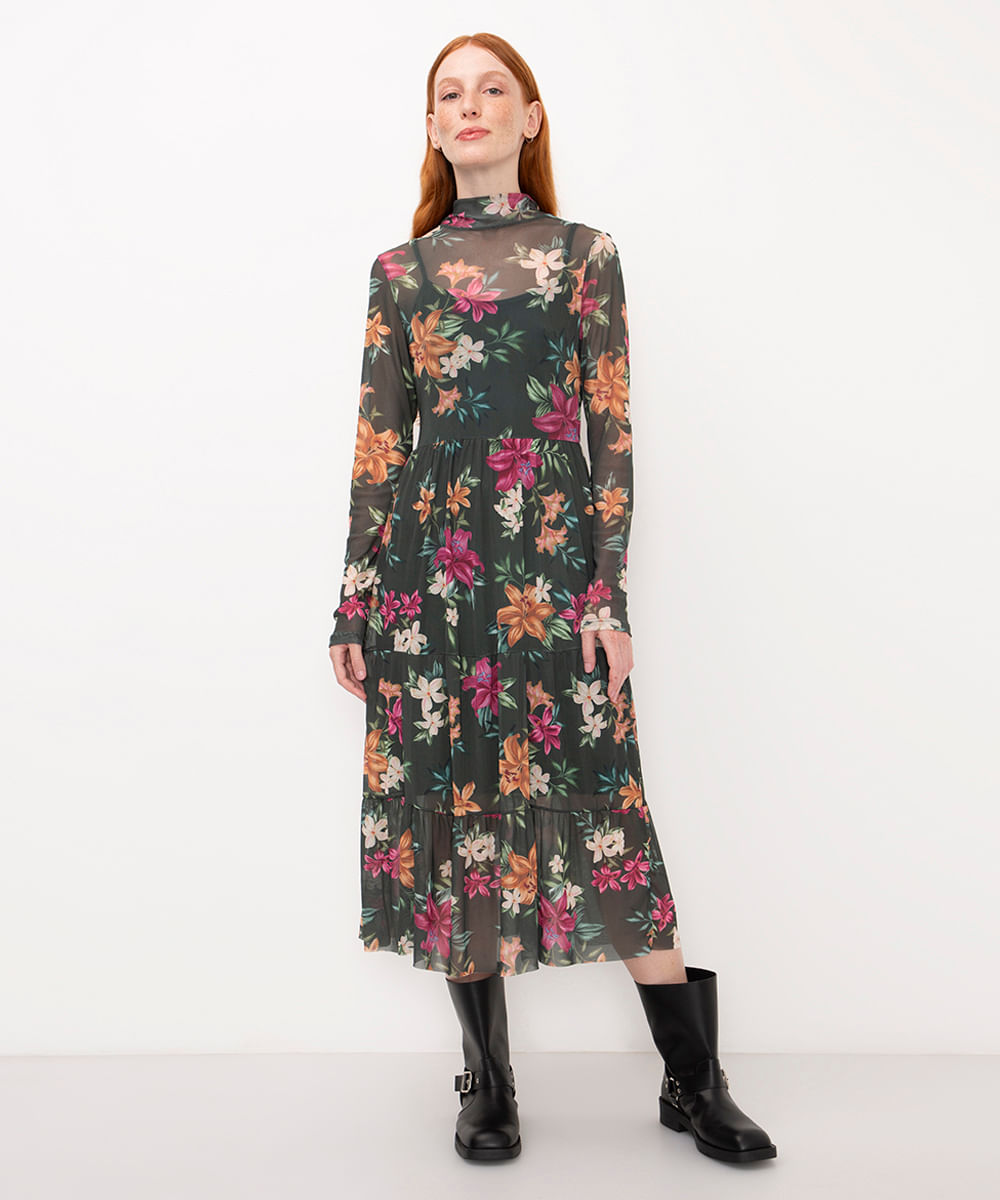 vestido midi de tule manga longa floral verde