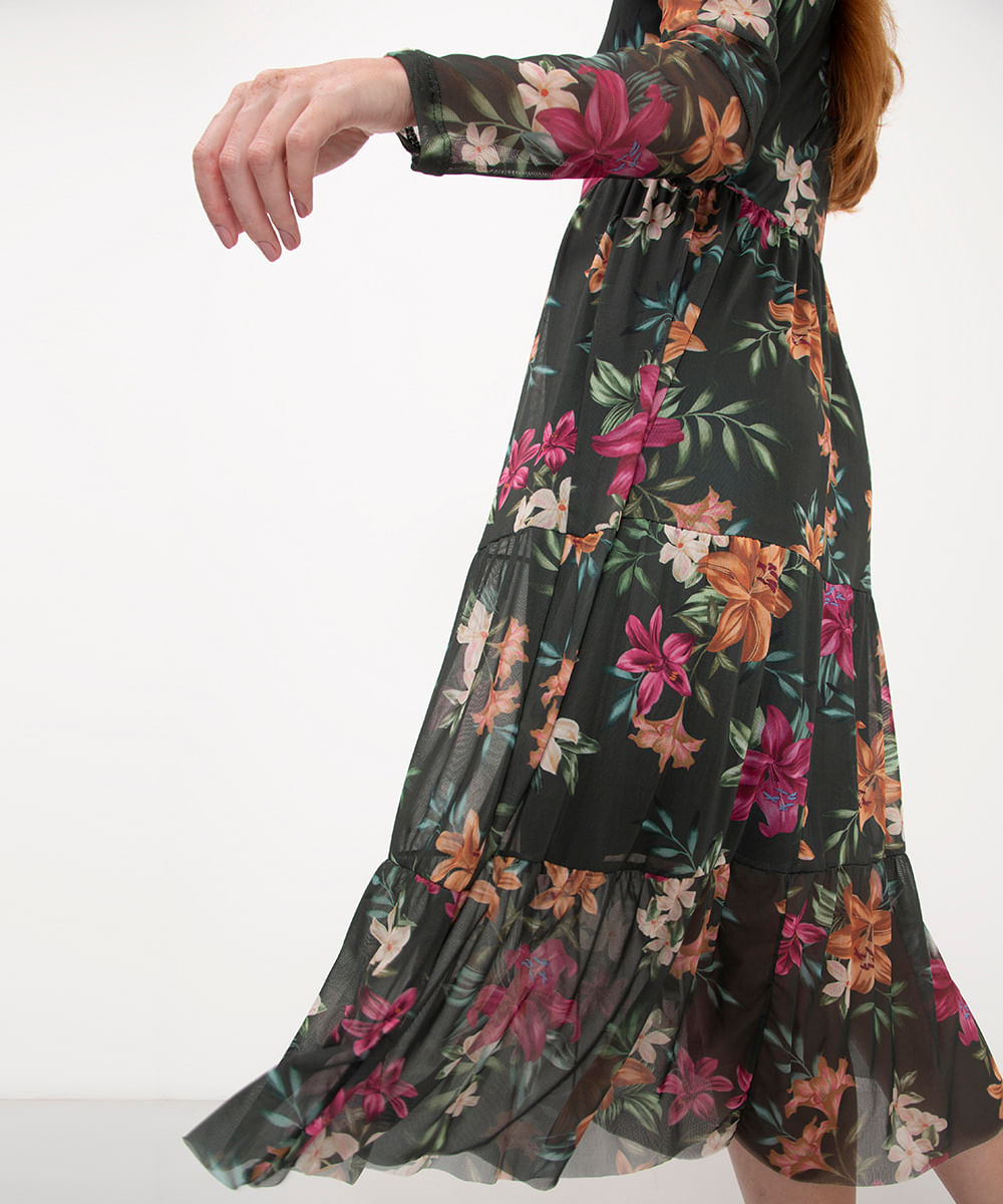 vestido midi de tule manga longa floral verde
