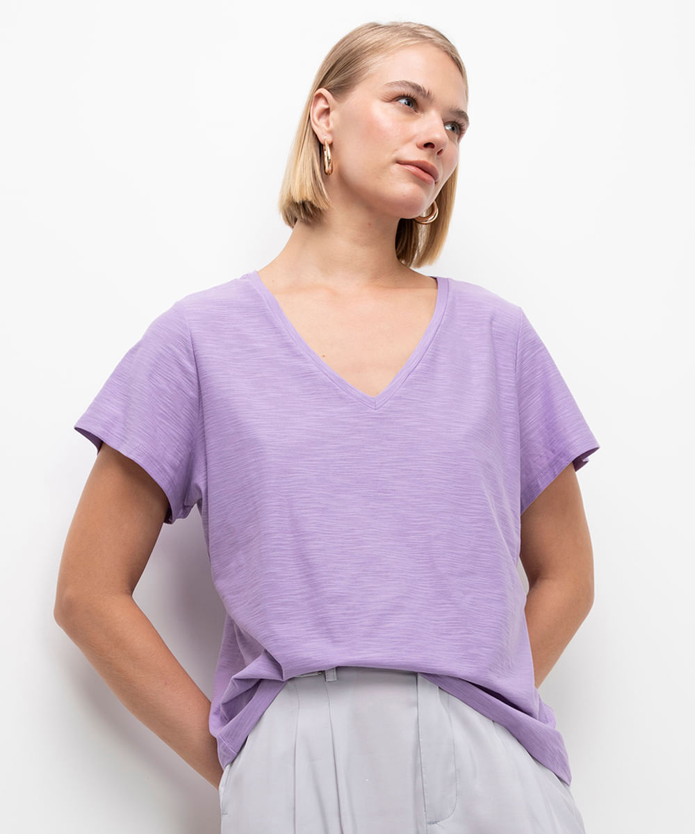 camiseta de algodão peruano decote v - roxo claro