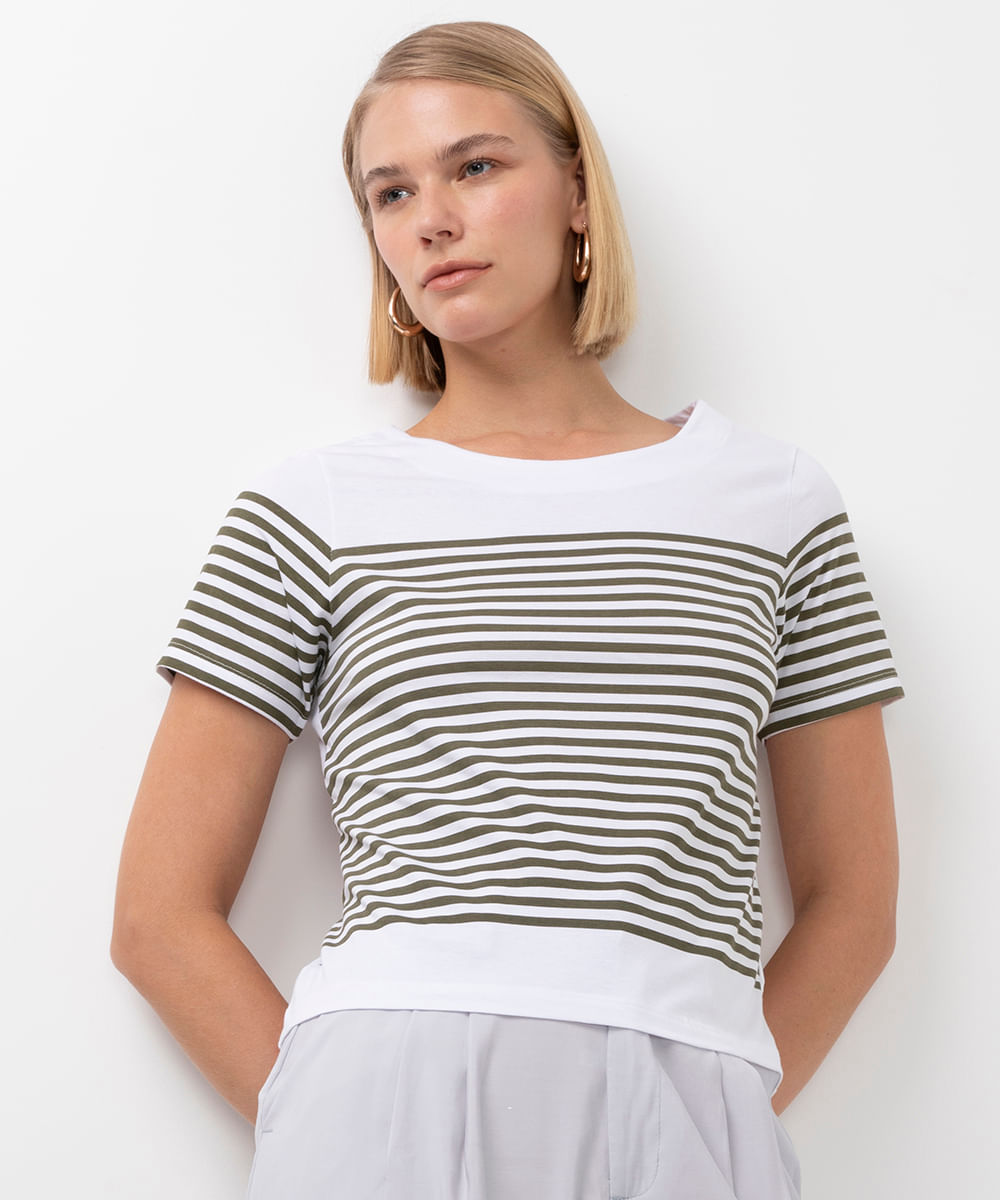 blusa de algodão listrada manga curta verde