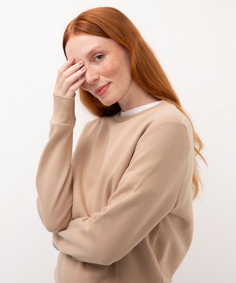 blusa básica feminina de moletom manga longa bege