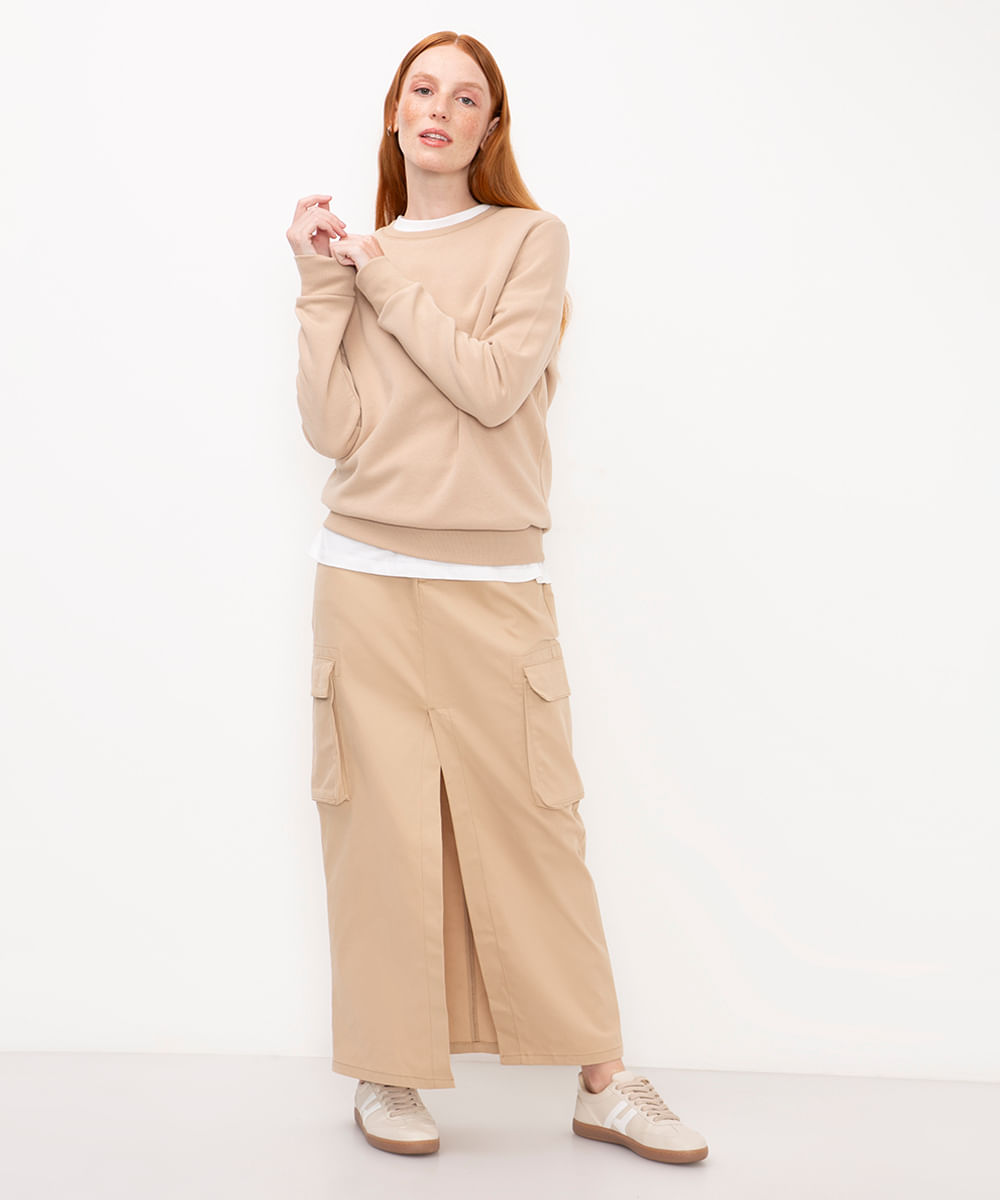 blusa básica feminina de moletom manga longa bege