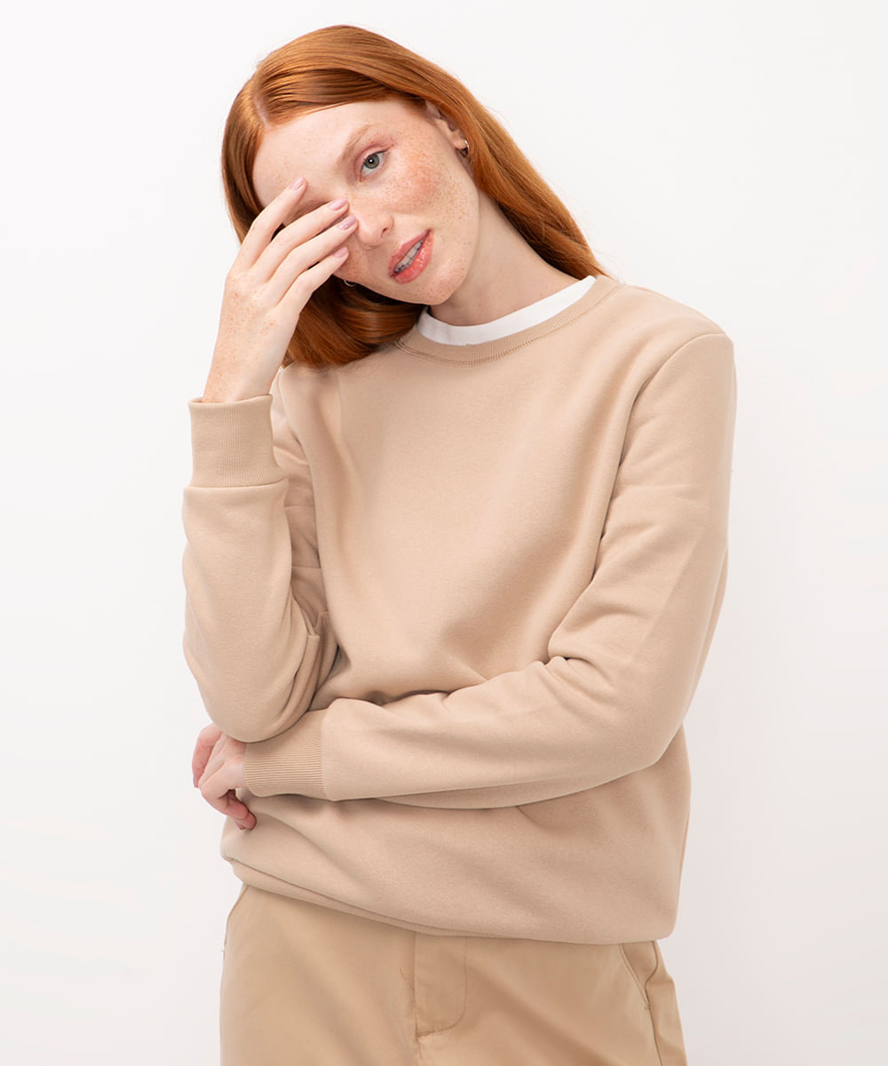 blusa básica feminina de moletom manga longa bege