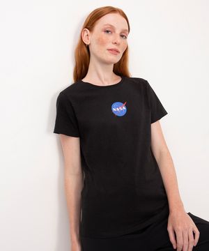 camiseta de algodão nasa manga curta preto