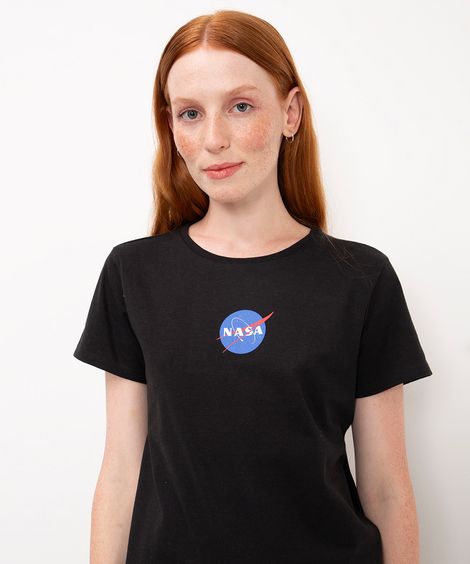 camiseta de algodão nasa manga curta preto