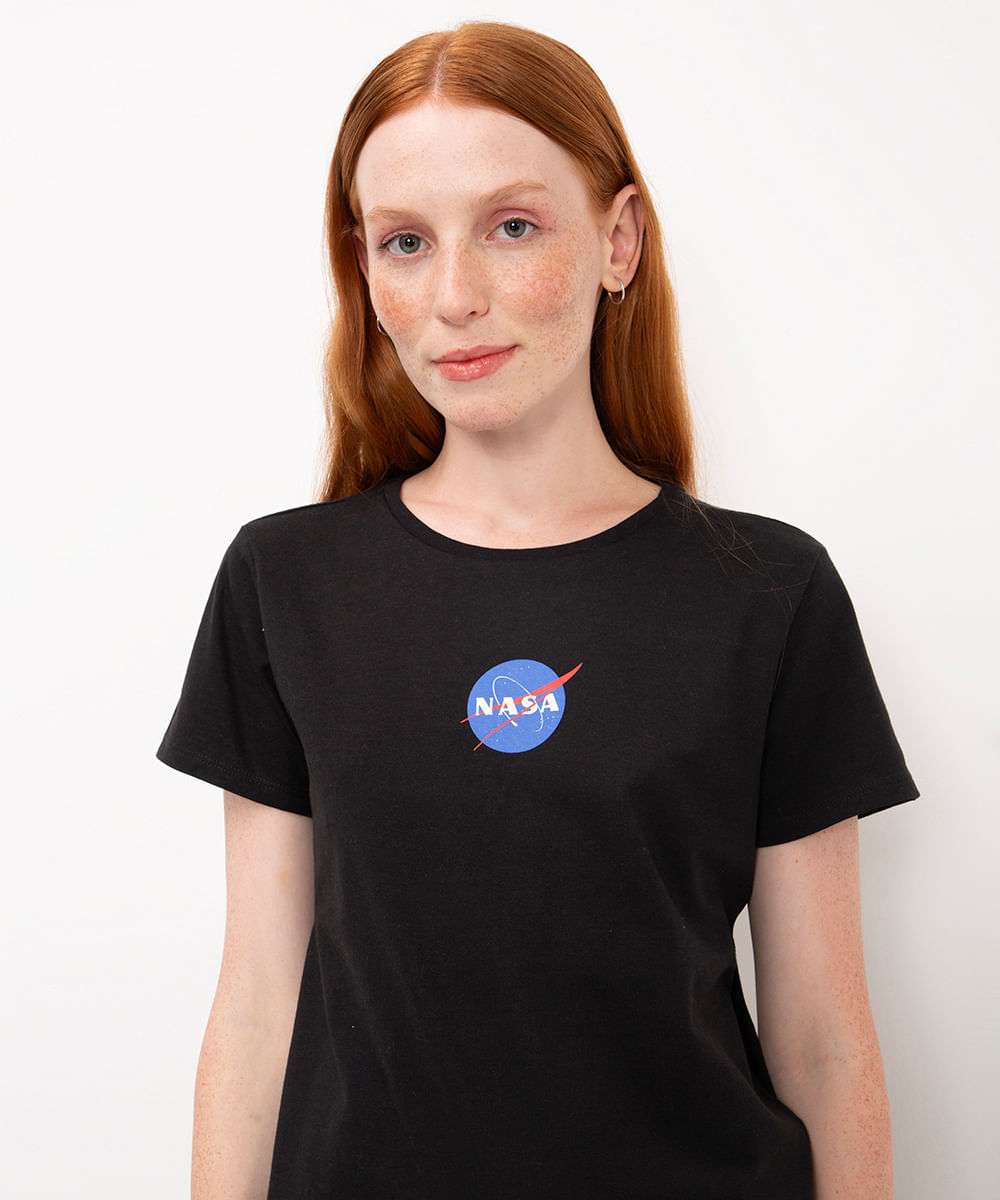 camiseta de algodão nasa manga curta preto