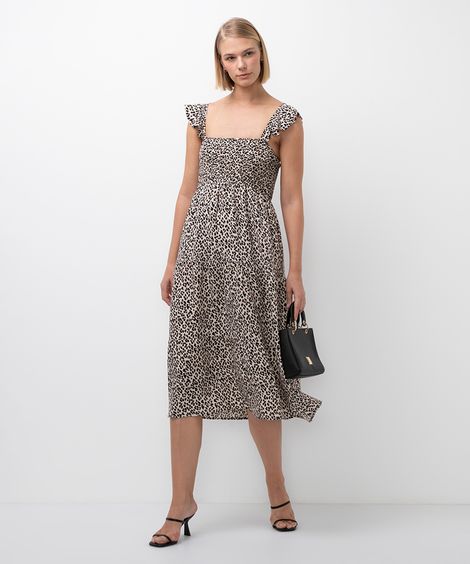vestido midi de viscose animal print bege
