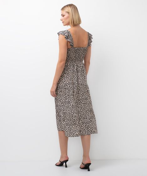 vestido midi de viscose animal print bege