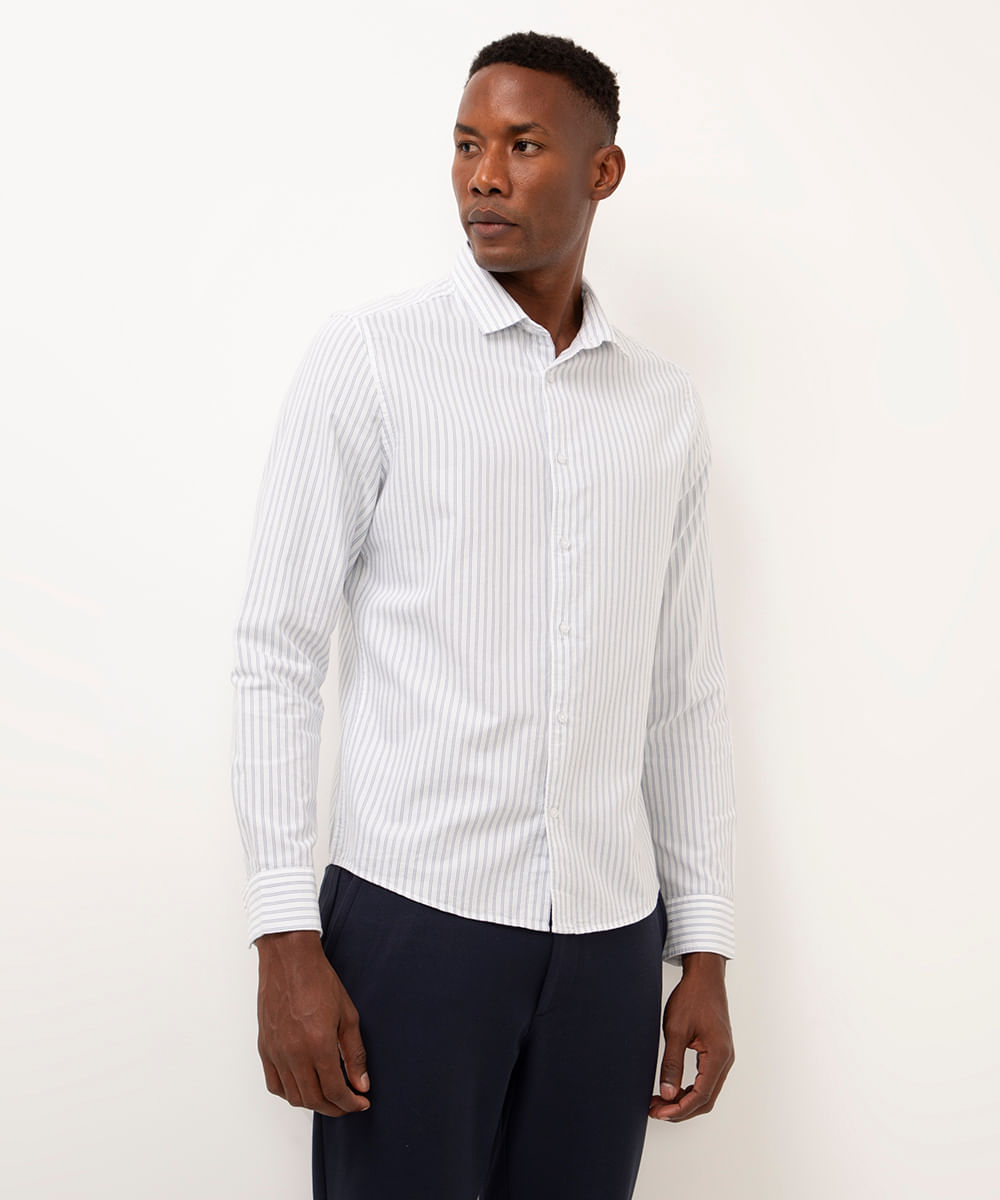 camisa slim listrada manga longa azul claro