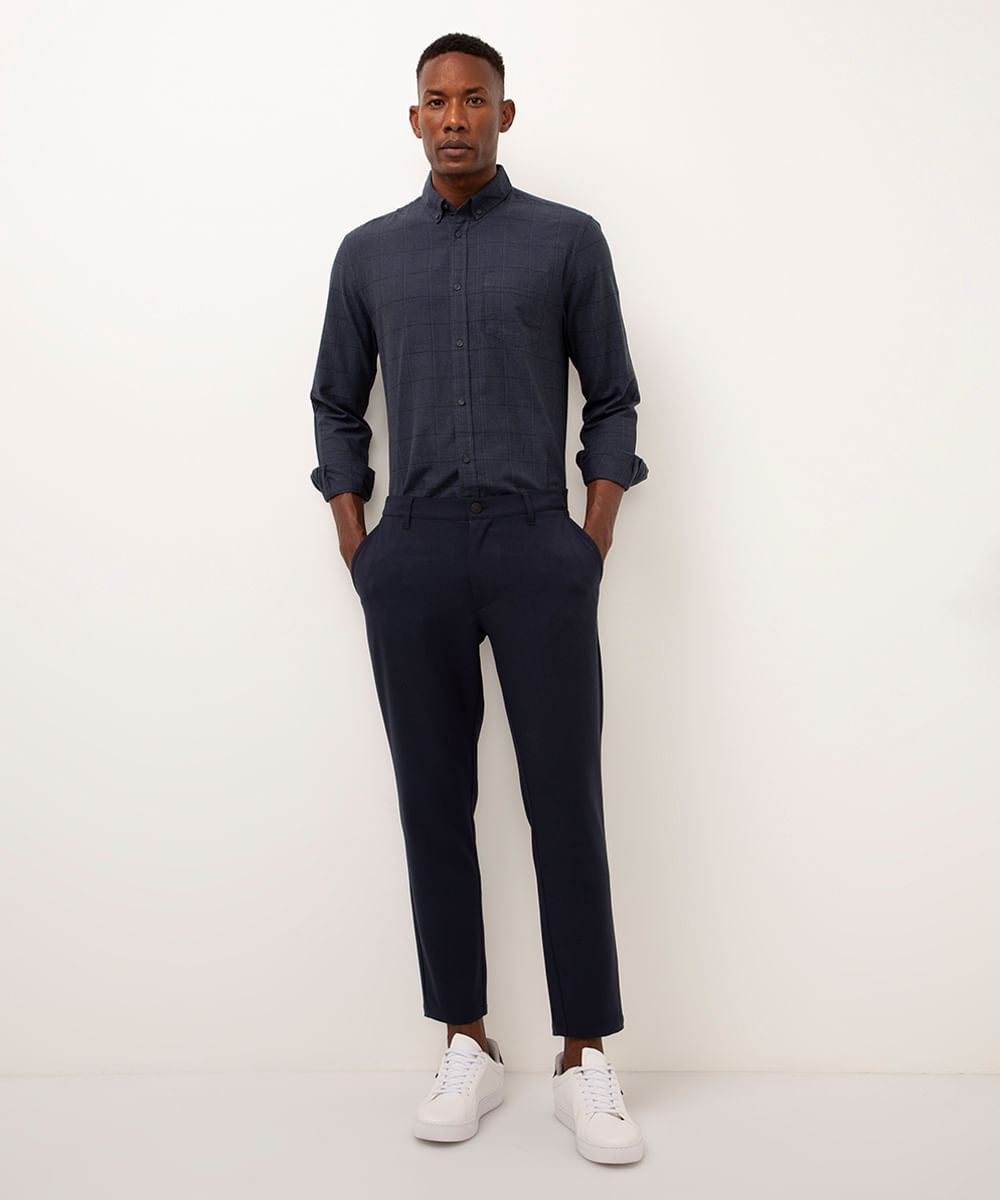 camisa quadriculada manga longa azul marinho