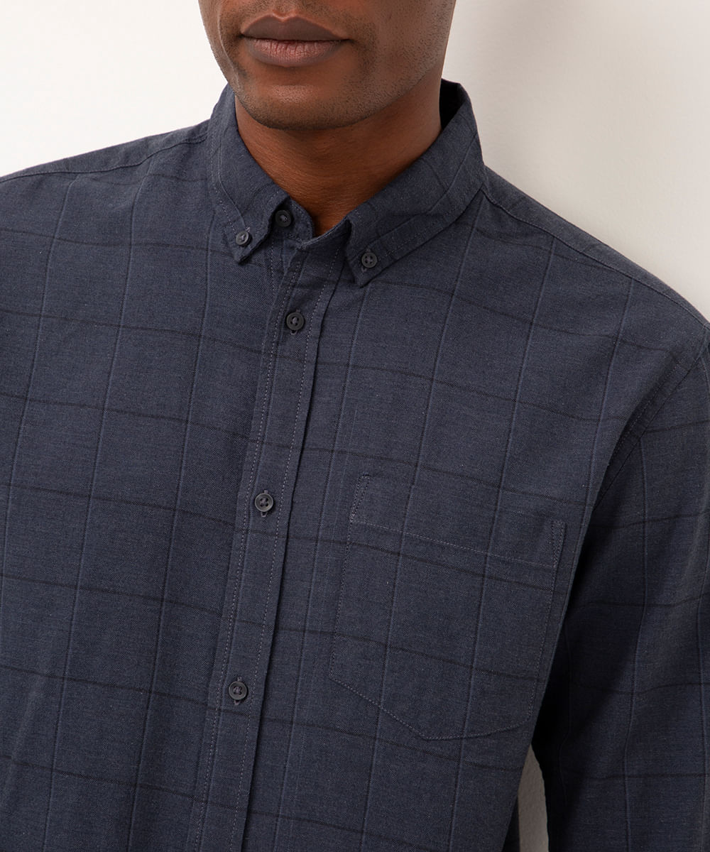 camisa quadriculada manga longa azul marinho