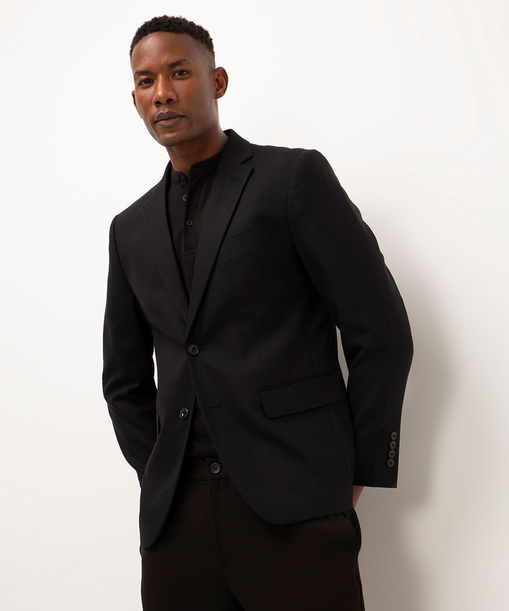 blazer regular texturizado com bolsos e ombreiras chumbo - preto