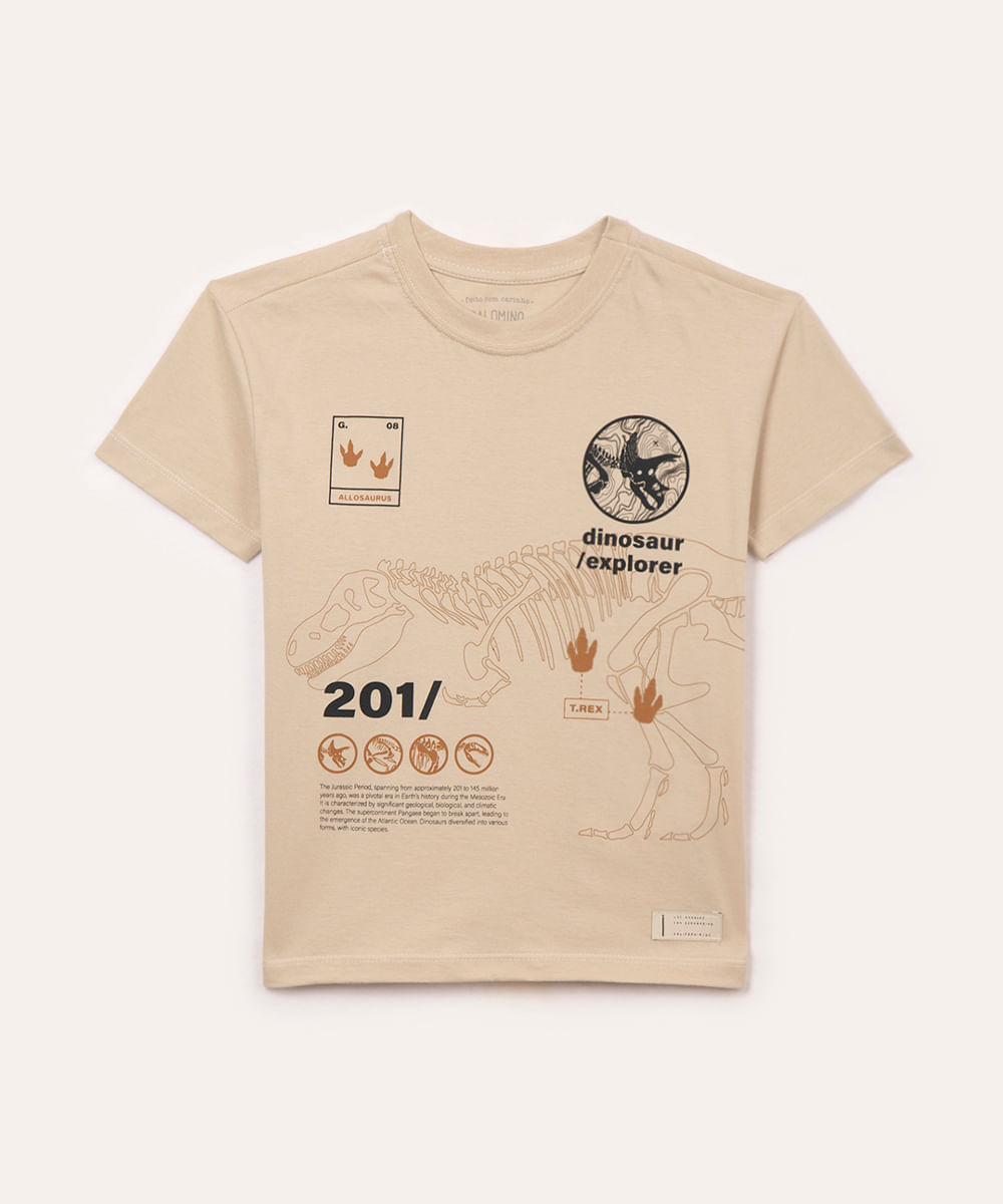 camiseta de algodão infantil dinossauro bege