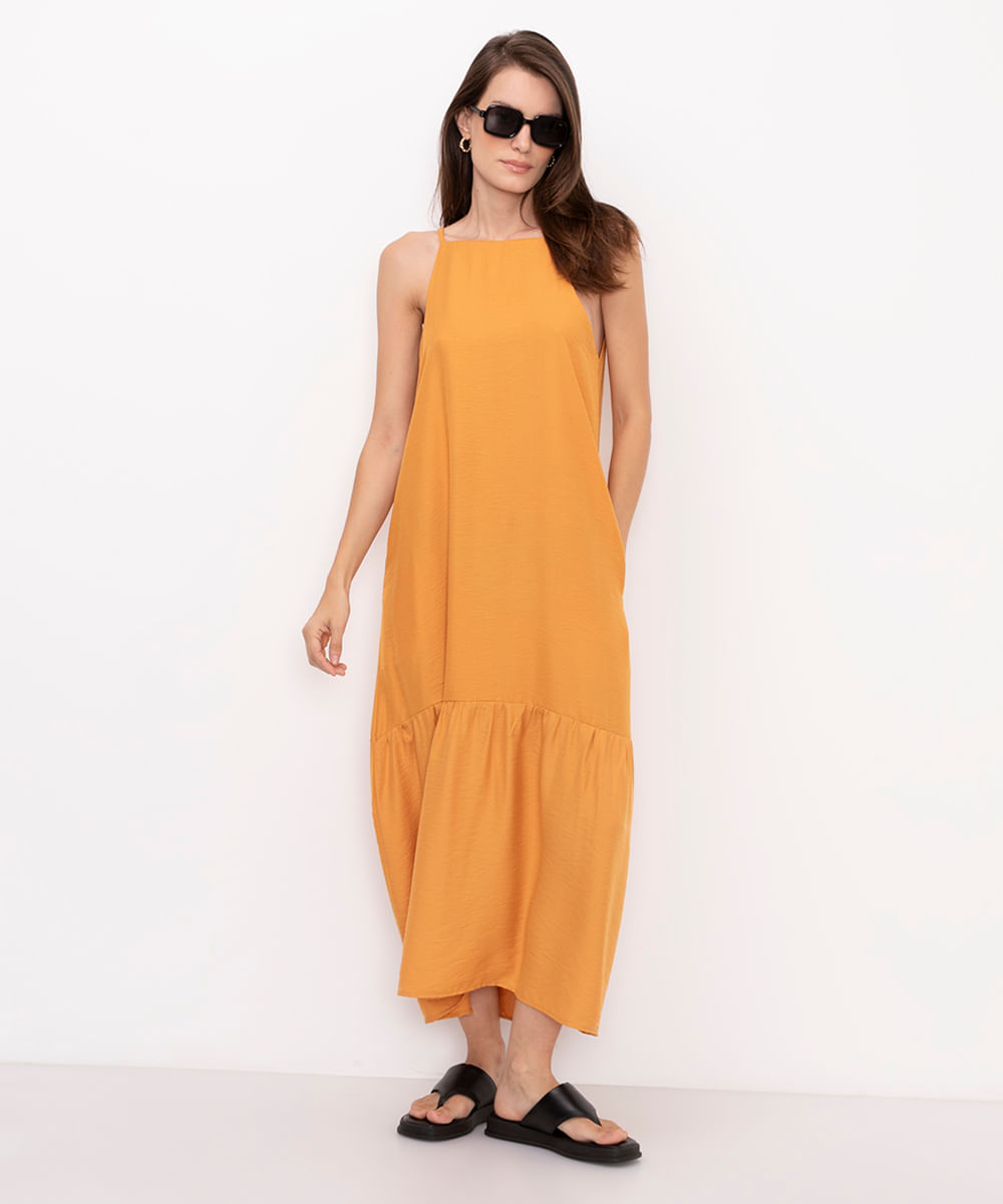 vestido midi de viscose halterneck amarelo