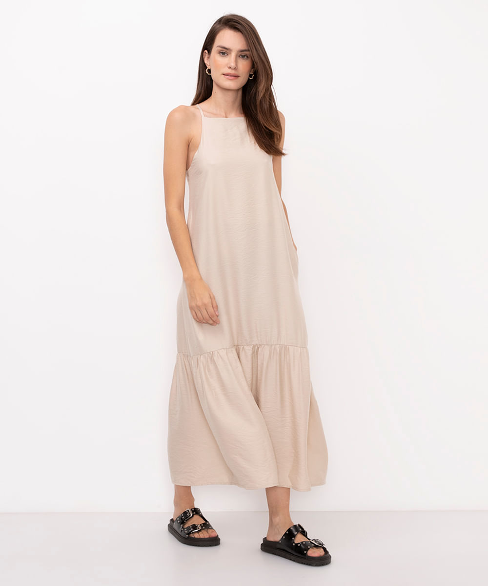 vestido midi de viscose halterneck bege