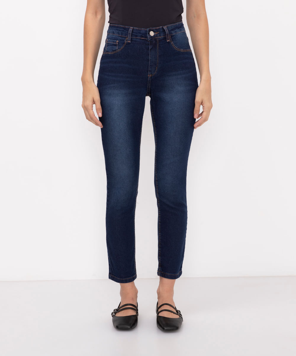 calça jeans cigarrete cintura média azul escuro