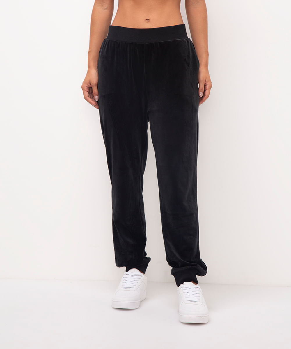 calça reta de plush cintura alta esportiva - preto