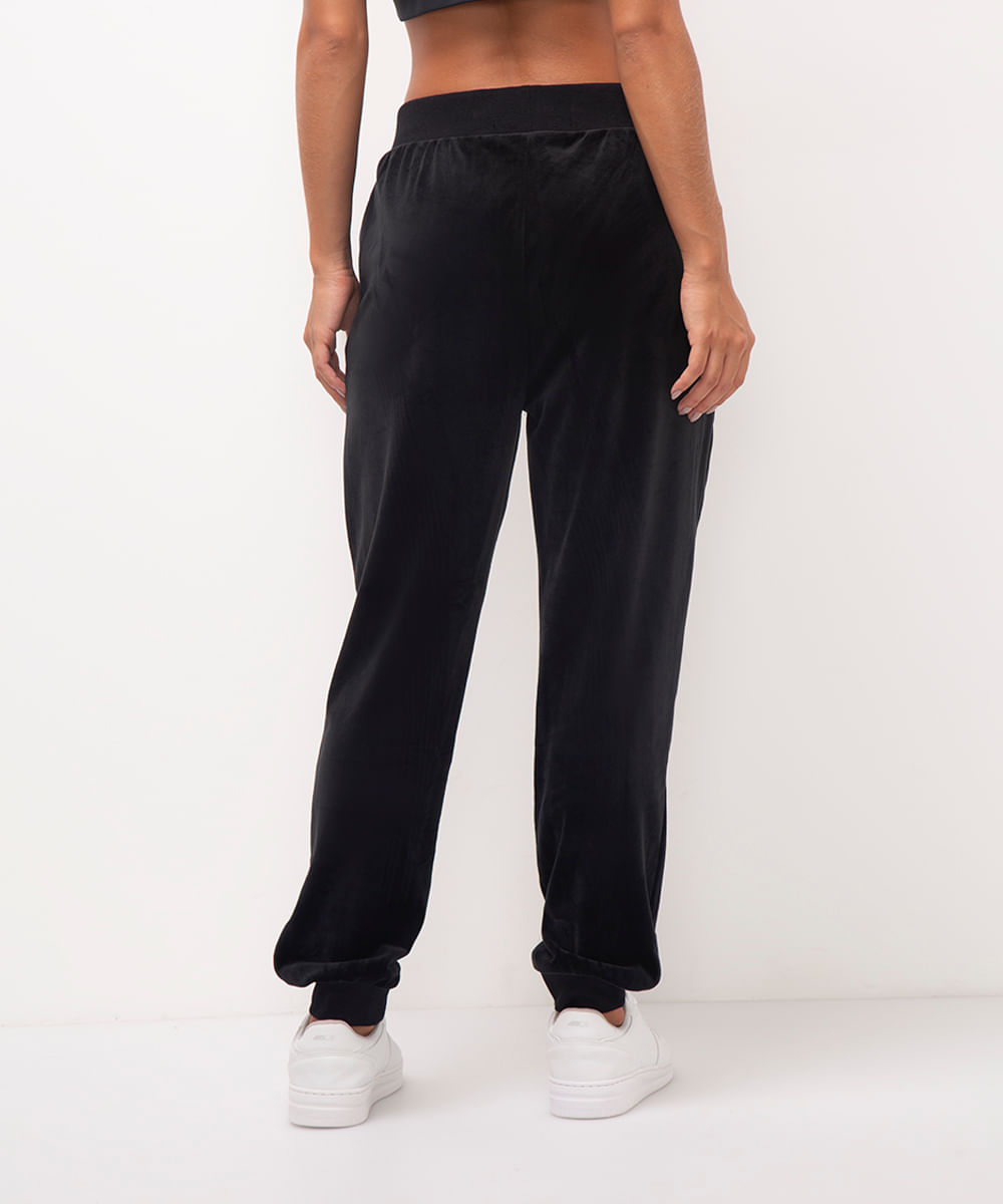 calça reta de plush cintura alta esportiva - preto