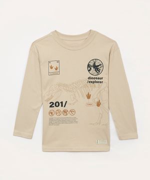 camiseta de algodão infantil manga longa dinossauro bege