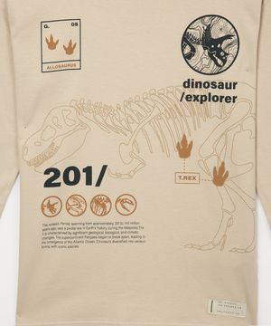 camiseta de algodão infantil manga longa dinossauro bege