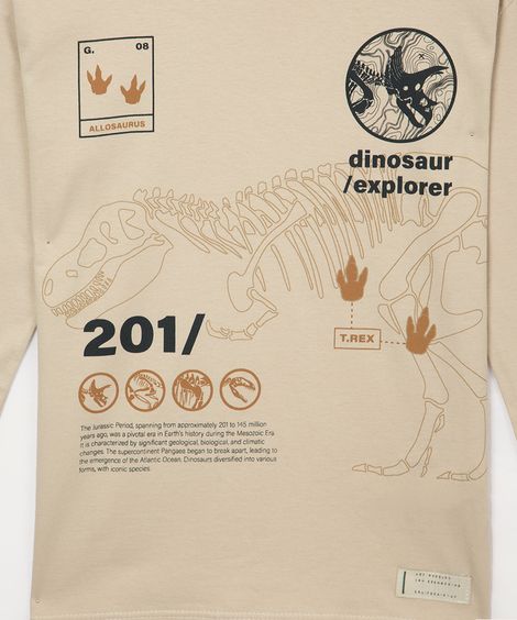 camiseta de algodão infantil manga longa dinossauro bege