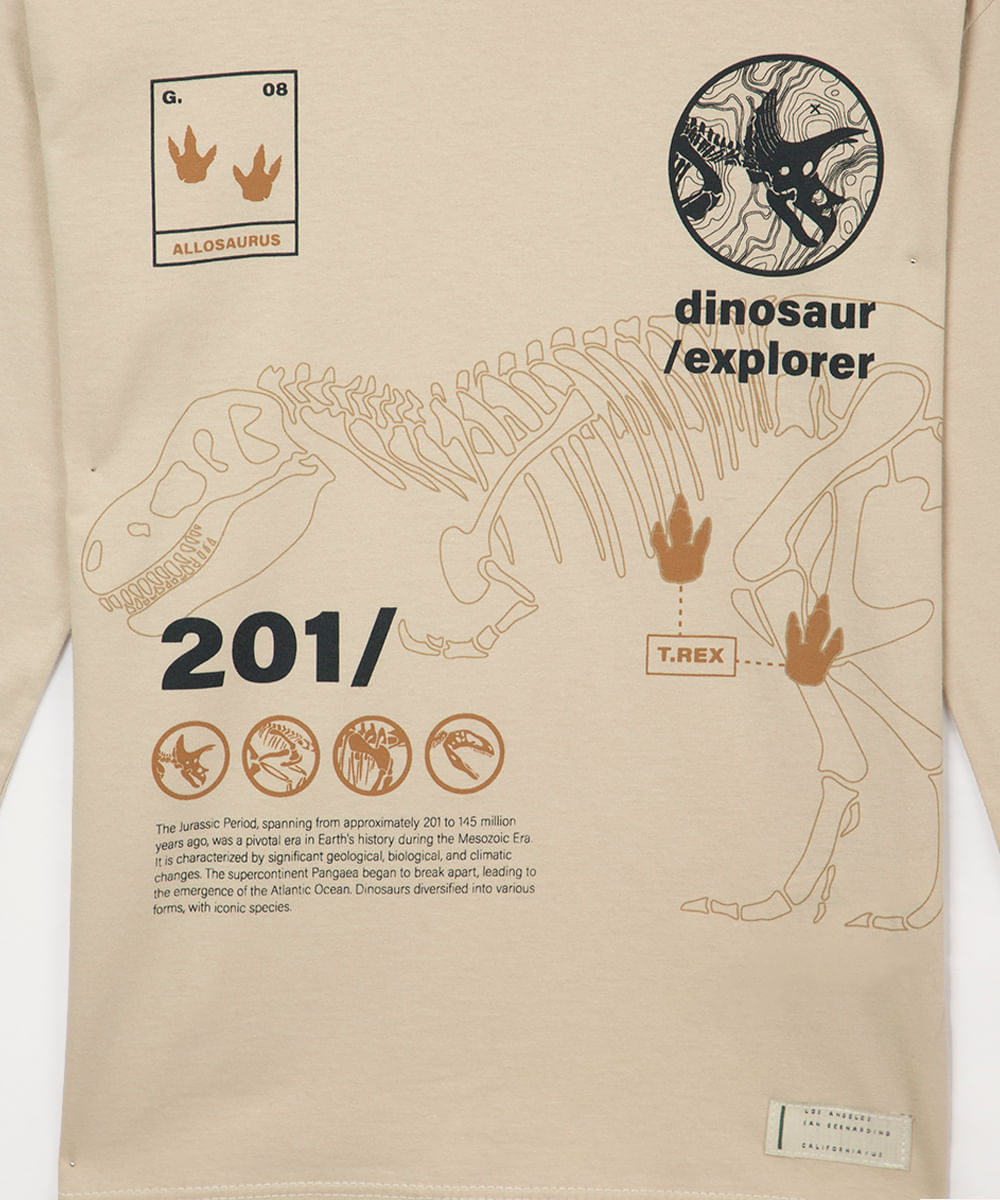 camiseta de algodão infantil manga longa dinossauro bege