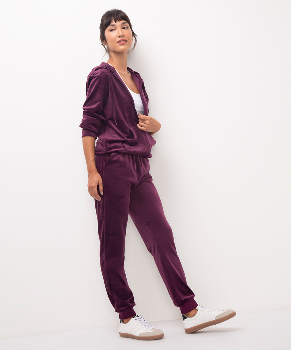 calça reta de plush cintura alta esportiva - roxo