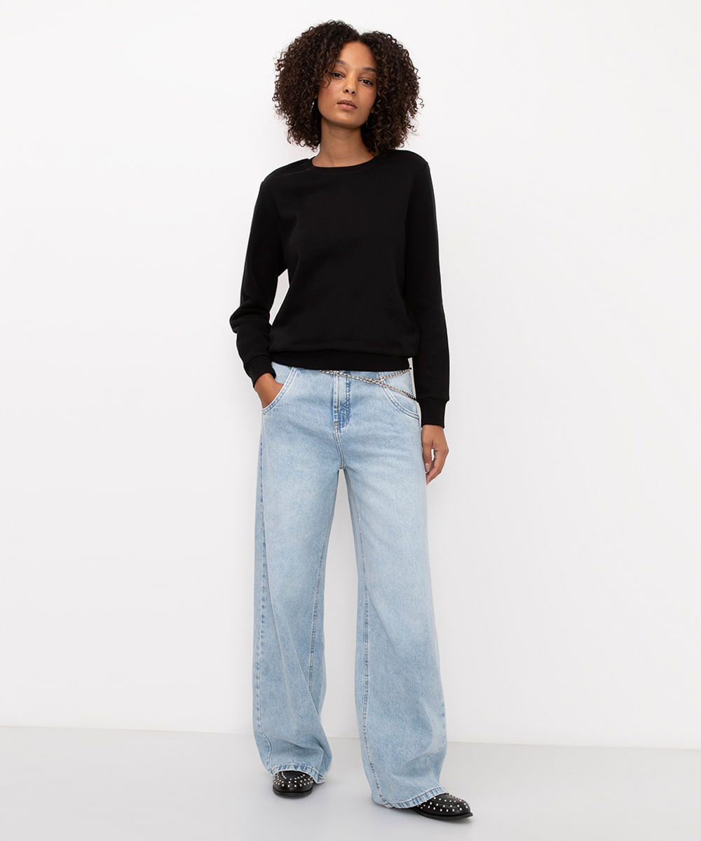 blusa básica feminina de moletom manga longa preta