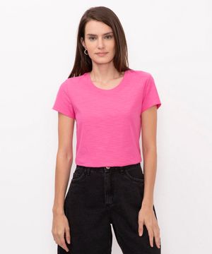 blusa de flamê básica manga curta decote redondo rosa