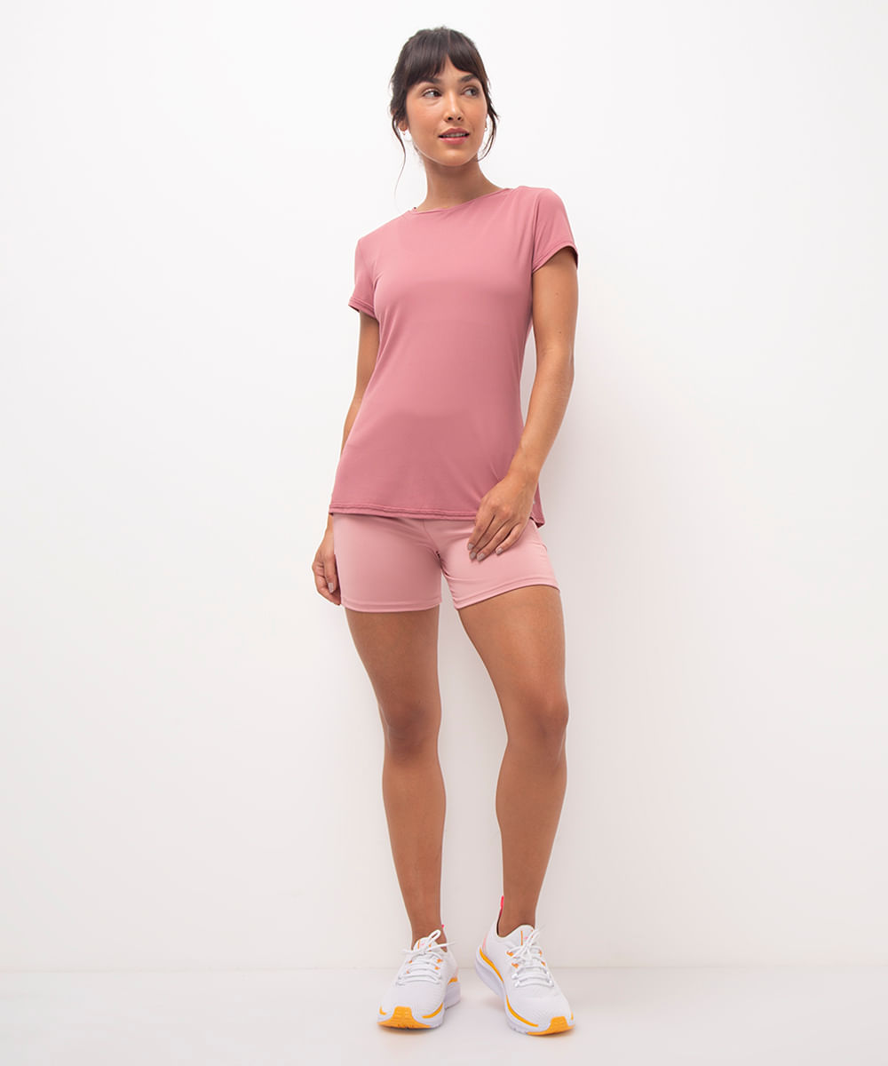 camiseta feminina esportiva com recorte manga curta rosa