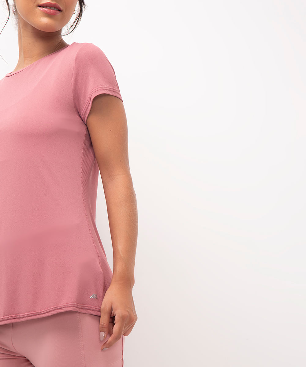 camiseta feminina esportiva com recorte manga curta rosa