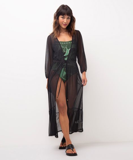kaftan de tule longo preto